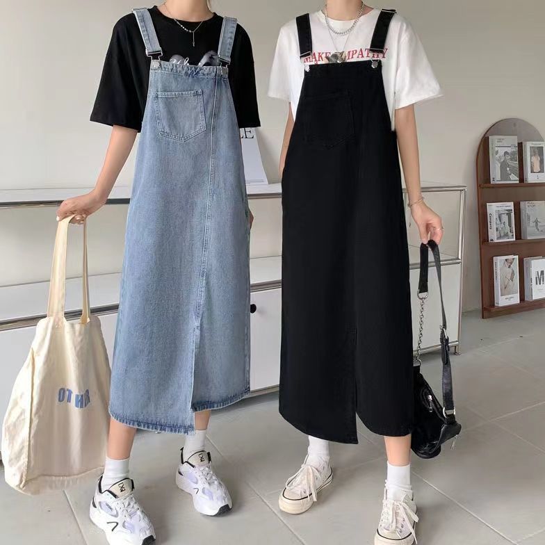 2023春夏新款牛仔背帶裙女鹽系寬鬆大碼中長款減齡顯瘦吊帶連衣裙