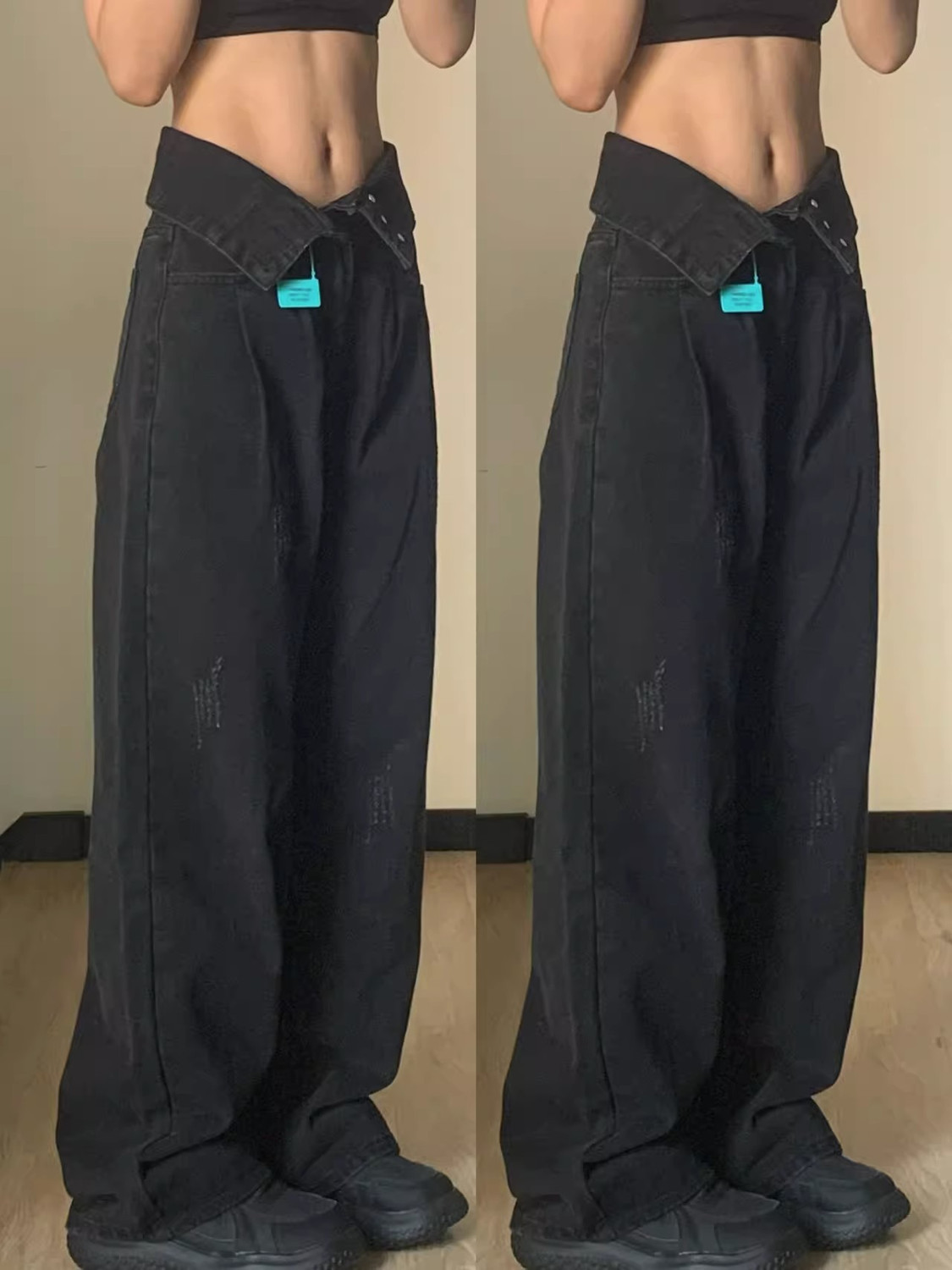 黑色高腰闊腿牛仔褲女秋季大碼胖mm寬鬆顯瘦梨形身材褲子高街ins