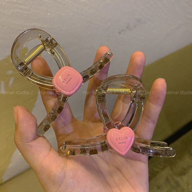 冰透灰色~超能抓的小抓夾粉色愛心字母甜美少女後腦勺盤發鯊魚夾