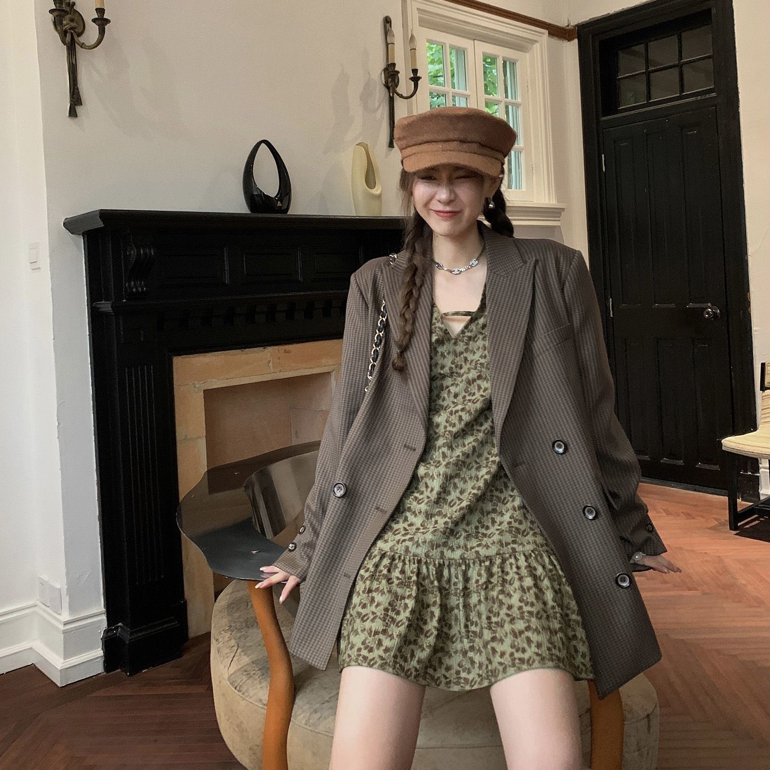 Spring new Korean high-end sense chic all-match casual texture retro dress solid color jacket suit female
