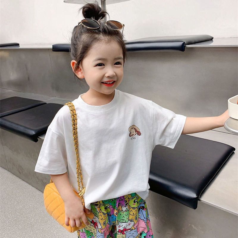 Cotton short-sleeved T-shirt little girl 2022 summer new middle and big children's casual foreign style top baby all-match bottoming