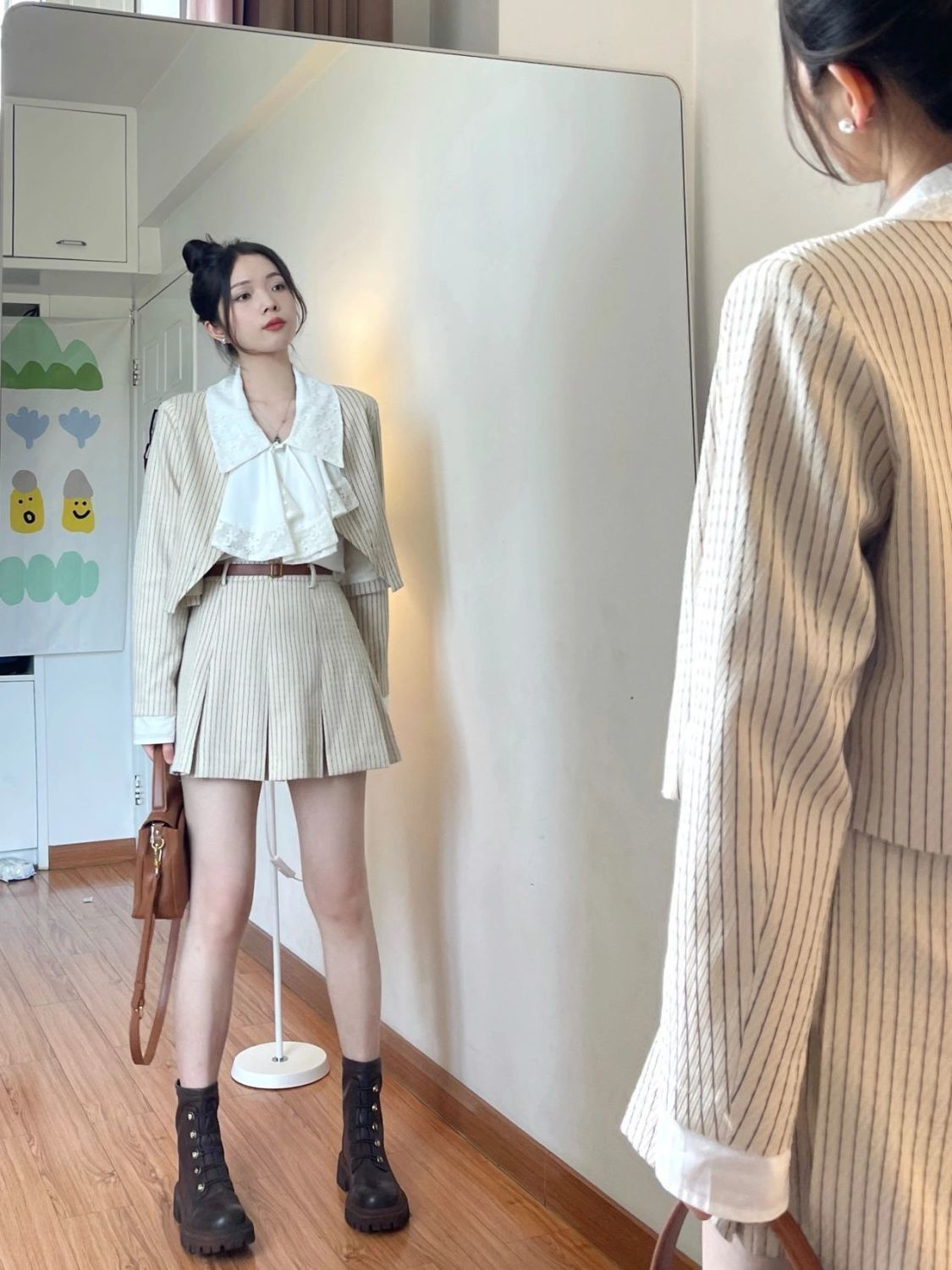 Three-piece suit light luxury style spring and autumn high-quality striped small suit jacket wearing a large lapel shirt skirt