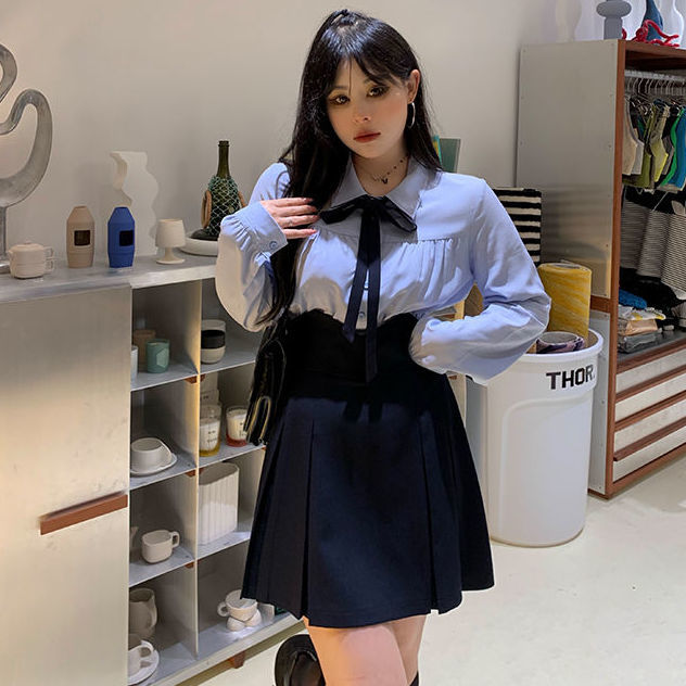 胖mm早春氣質學院風高腰顯瘦百褶半身裙2021大碼女裝長袖襯衫套裝