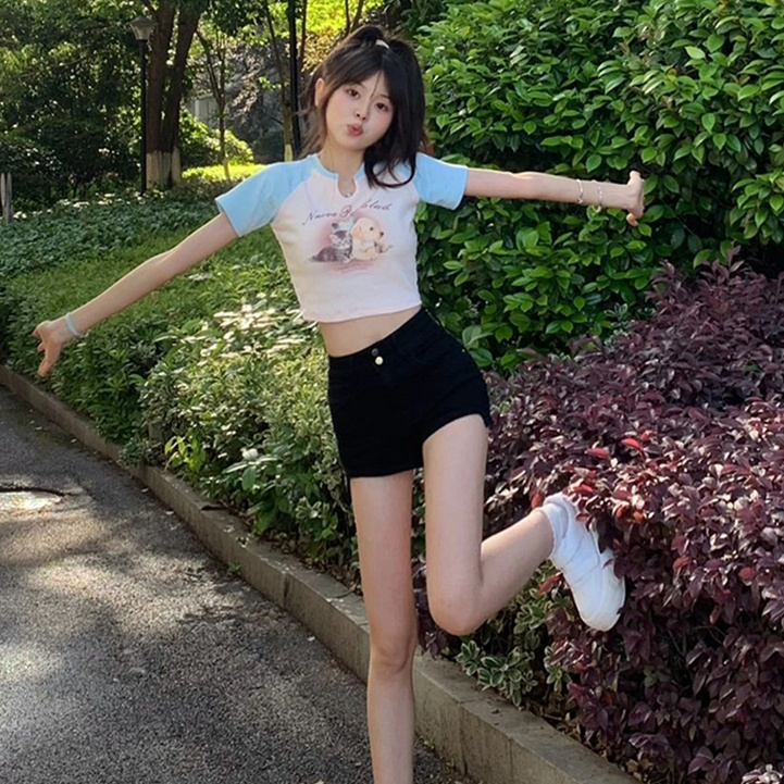 小眾設計感高腰褲子黑色牛仔短褲女夏季2023新款辣妹a字黑色熱褲