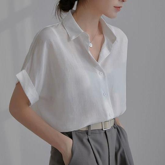 法式白衬衫女夏季新款复古短袖宽松上衣轻熟气质高级感职业ol衬衣