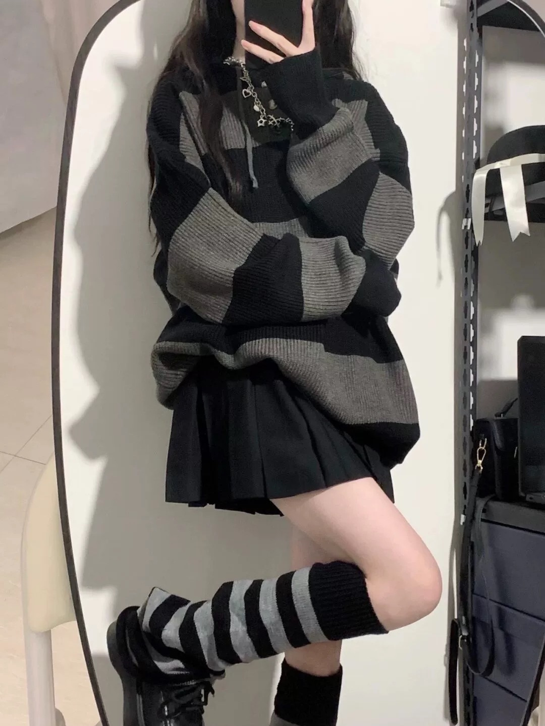 條紋毛衣女秋季韓版寬鬆潮流慵懶風衛衣復古連帽套頭針織衫外套