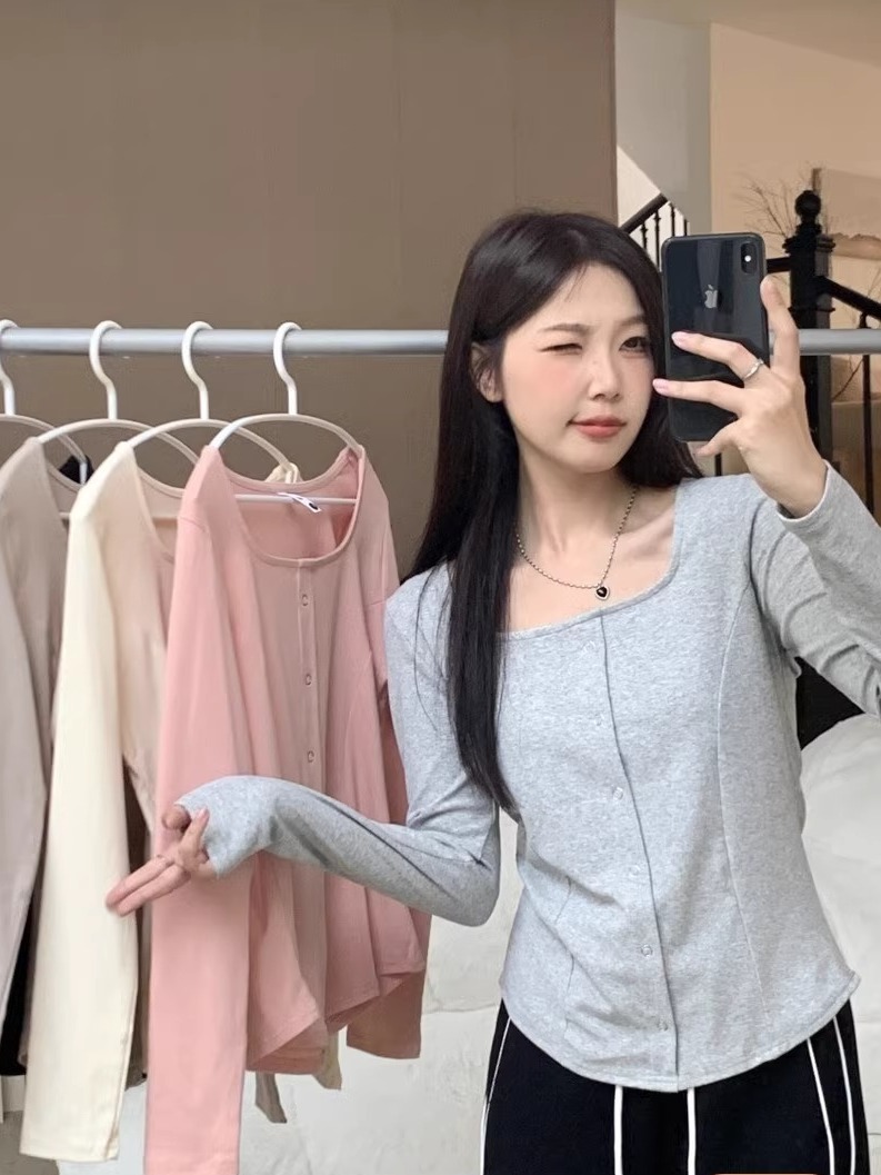 純欲風方領長袖t恤女2023春秋ins設計感小眾韓版時尚正肩開衫上衣