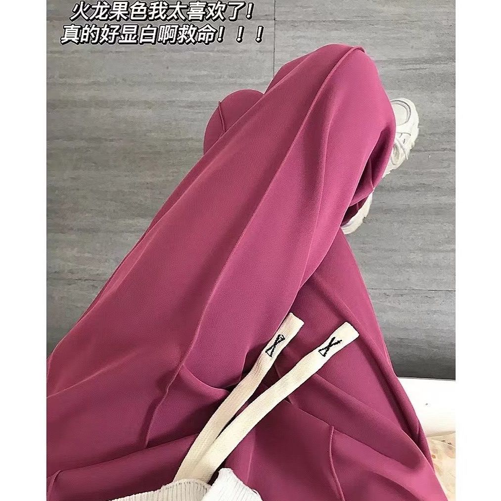 2022夏季新款火龍果紅抽繩闊腿褲高腰垂感寬鬆休閒褲直筒開叉褲女