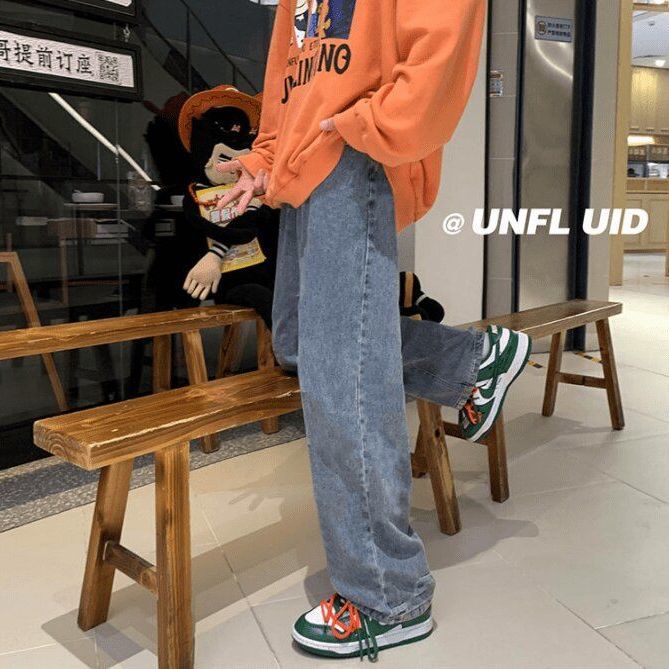 Korean version of all-match new jeans men's straight loose trendy brand European and American high street men's casual washed wide-legged long pants