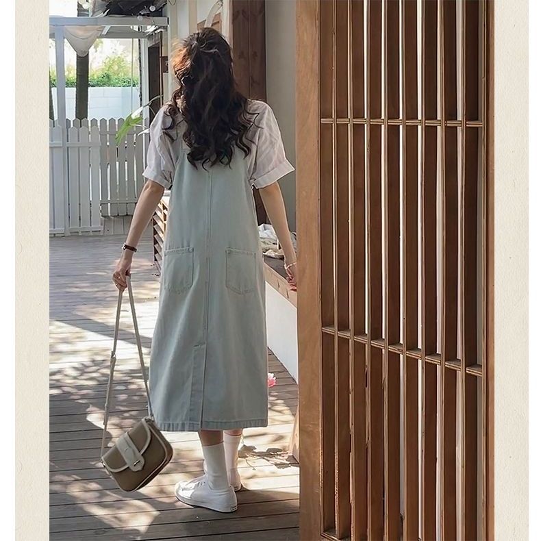 Pure color denim suspender skirt women's summer new Korean version loose and age-reducing small man mid-length straight dress