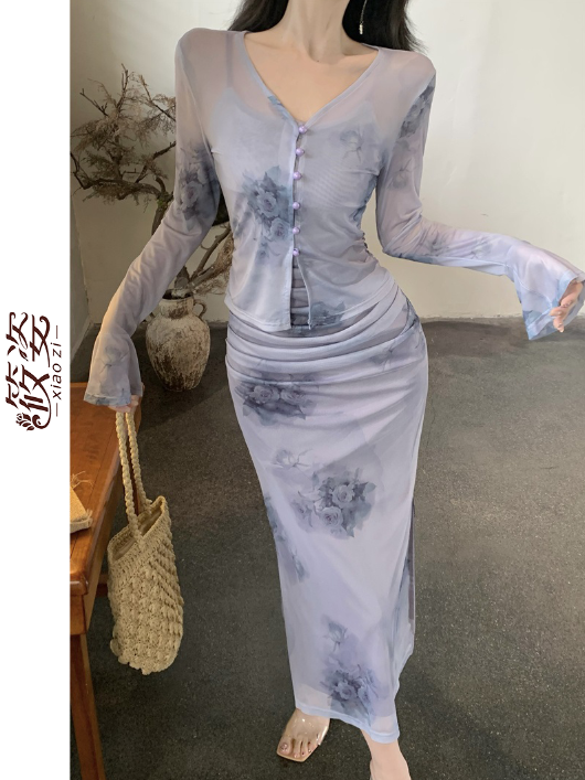 筱姿復古藍色玫瑰扎染吊帶連衣裙套裝女超仙收腰修身開叉包臀長裙