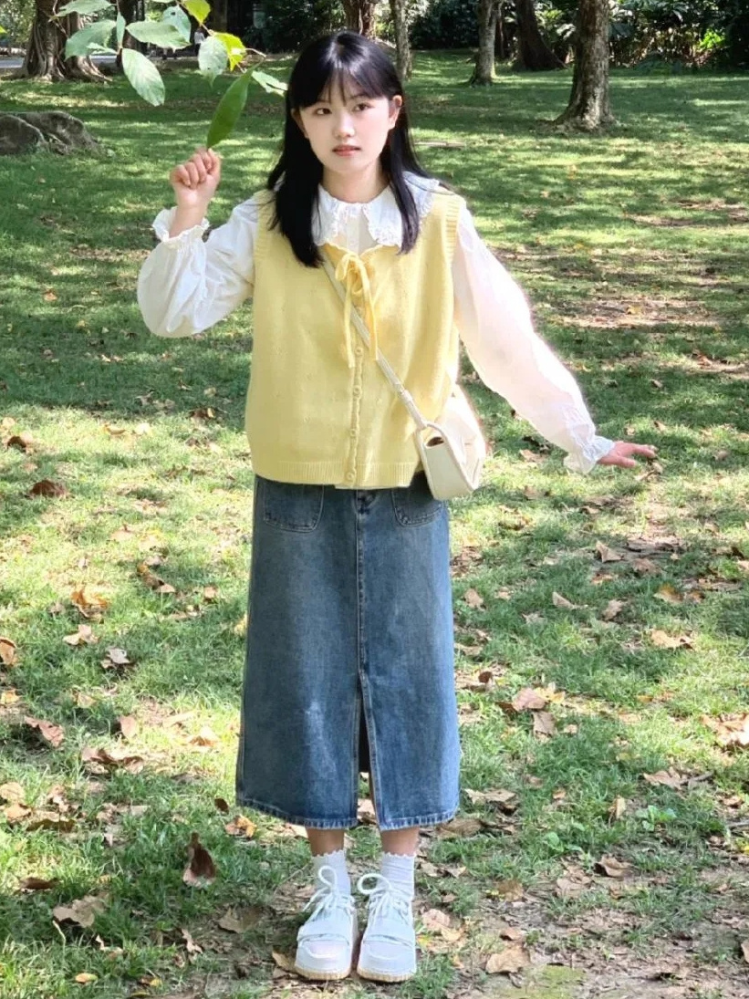 學院風套裝春秋新款針織開衫馬甲背心疊穿襯衫減齡鹽系小個子女潮