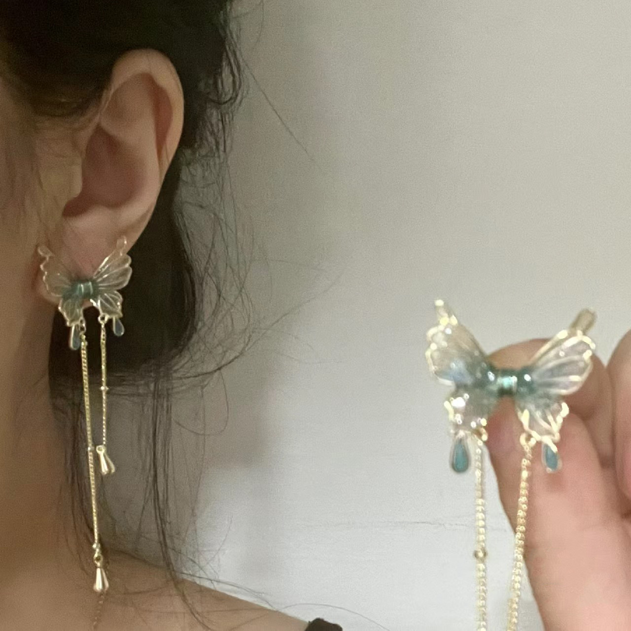 三福同款耳釘女新中式綠色蝴蝶古典國風氣質設計感飾品耳環耳飾