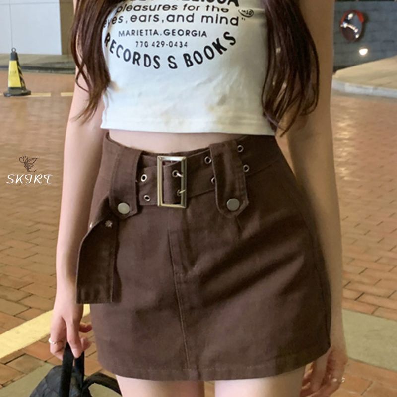 American retro coffee-colored denim skirt for women in summer high-waisted hottie overalls with hip-covering A-line miniskirts