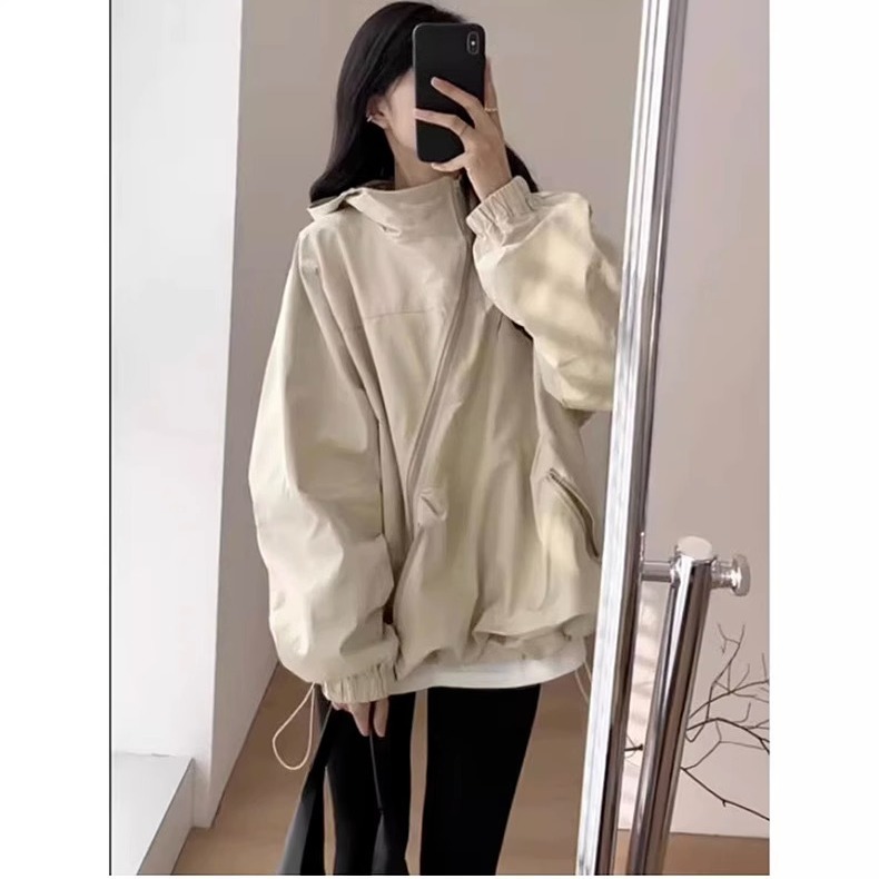 個性斜拉鏈連帽外套女春秋2023新款韓版小香風寬鬆顯瘦外搭衝鋒衣
