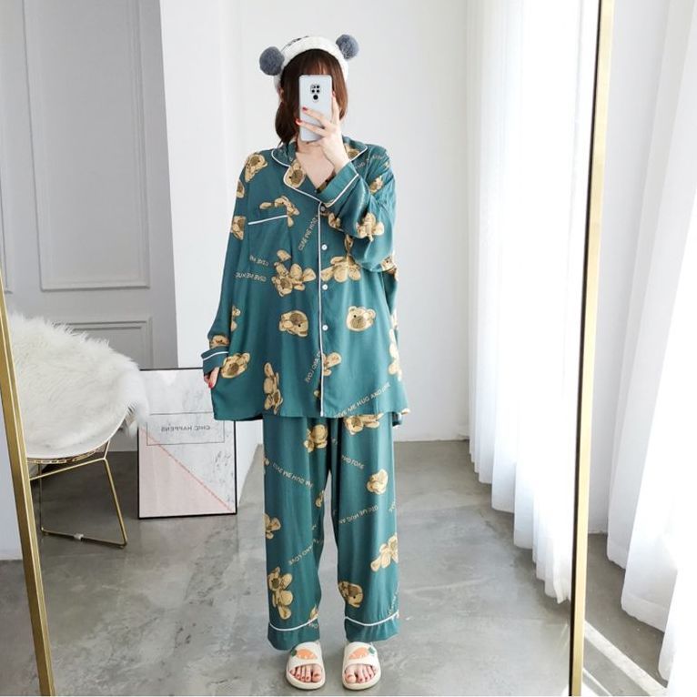 Large size fat mm2-300 catties cartoon cardigan pajamas women thin section long-sleeved trousers loose casual suit home service