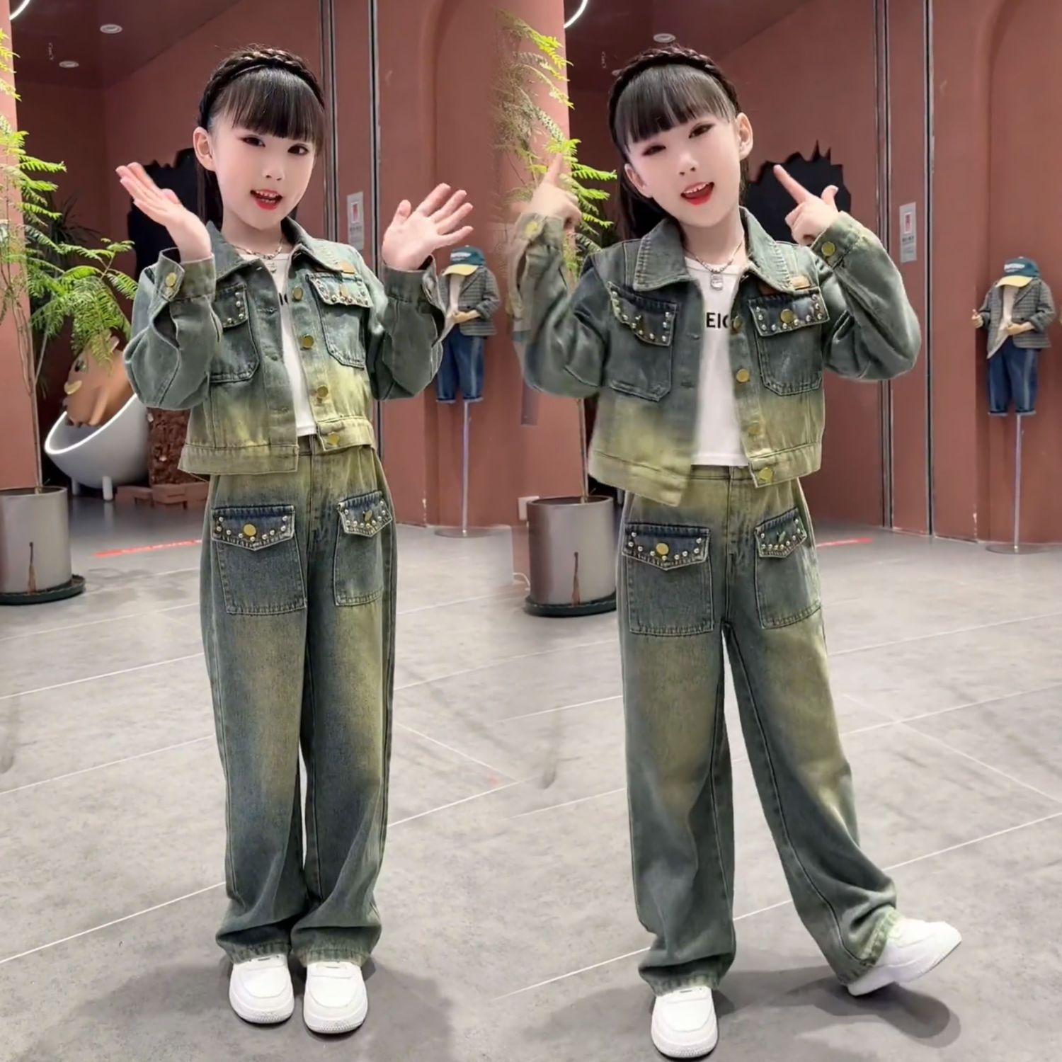女童復古牛仔套裝秋裝2023新款兒童春秋款洋氣時髦潮酷兩件套大童