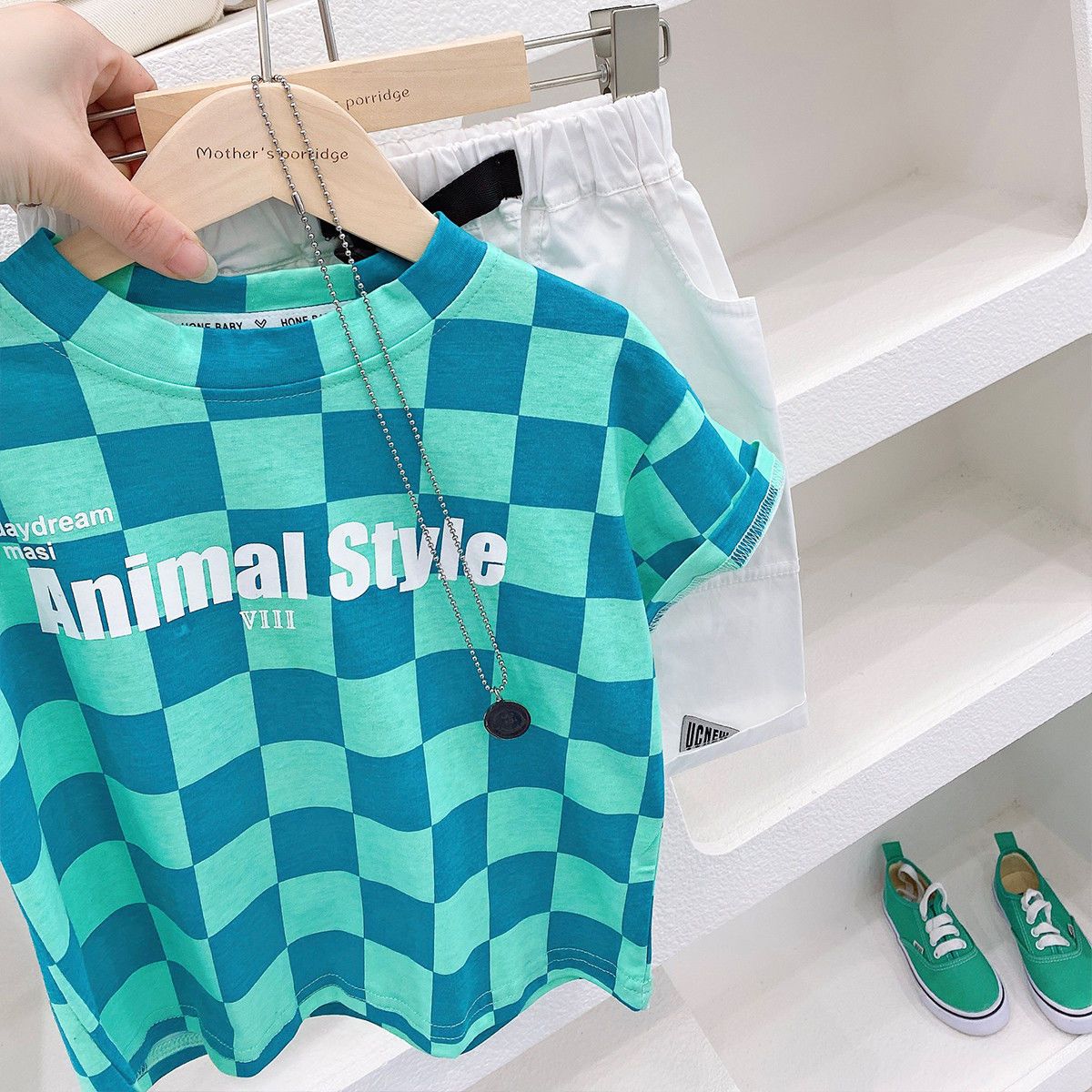 100% cotton children boys and girls 2023 summer new plaid print quick-drying breathable short-sleeved T-shirt top