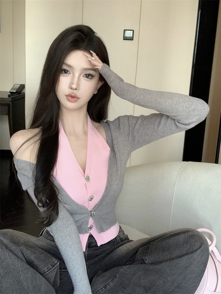 假兩件掛脖開衫女裝早秋外搭設計感小眾修身短款別致撞色T恤上衣