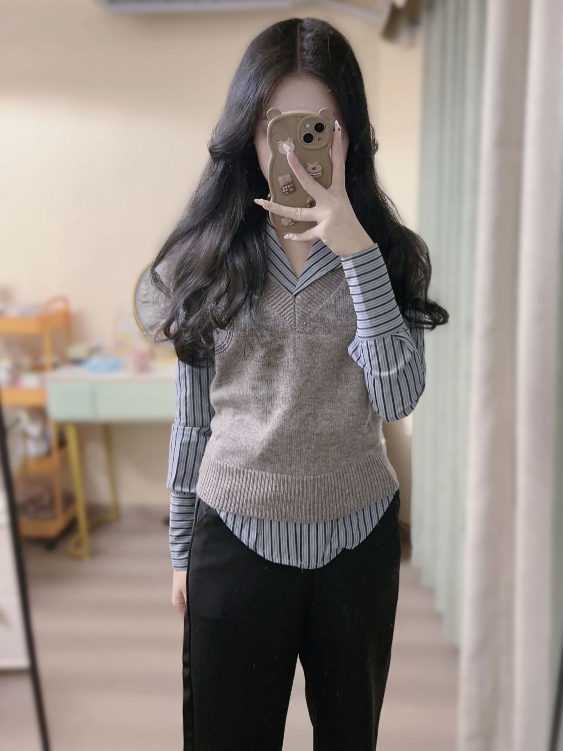 外穿馬甲套裝女V領針織馬甲背心洋氣設計感修身甜美風條紋襯衫女