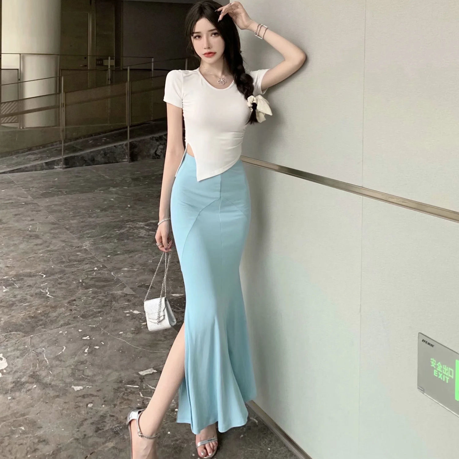 Gentle wear and summer suit 2022 new fashion temperament top bag hip mermaid dress women's two-piece suit