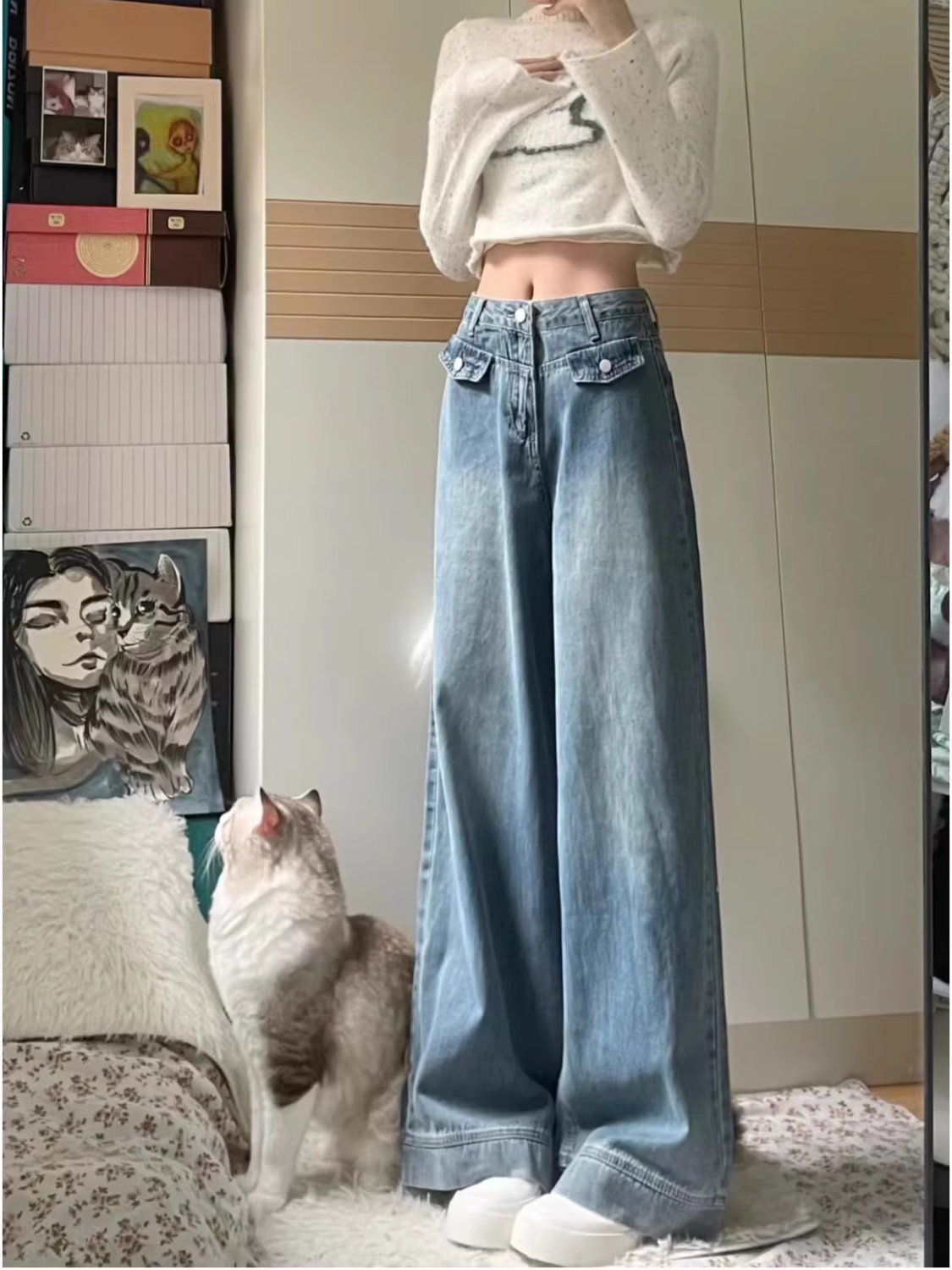 美式復古藍做舊慵懶寬鬆闊腿牛仔褲女小個子高腰顯瘦拖地褲褲長褲