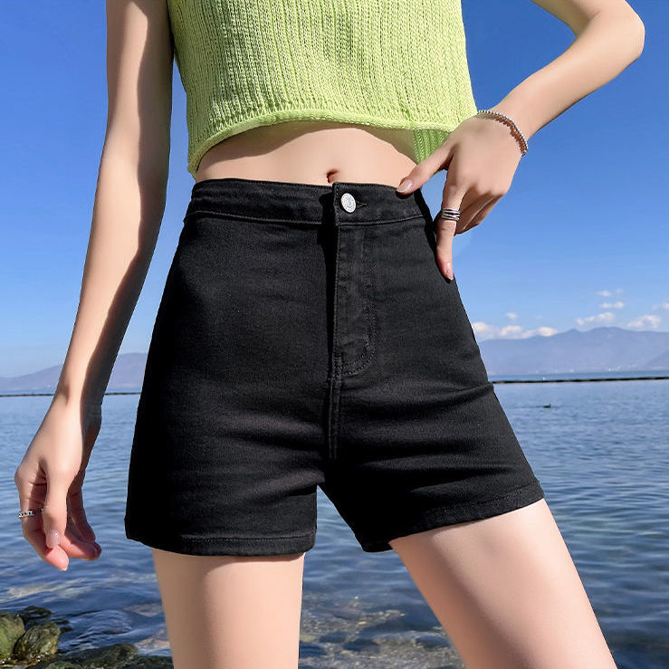 Net red black denim shorts women 2023 summer high waist slimming tight elastic straight a-line wide-leg ins hot pants