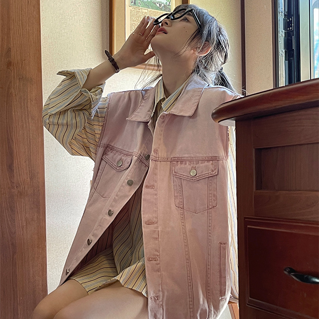 Two-piece suit, sweet retro, high-quality, old washed oversize denim jacket, schoolgirl striped shirt