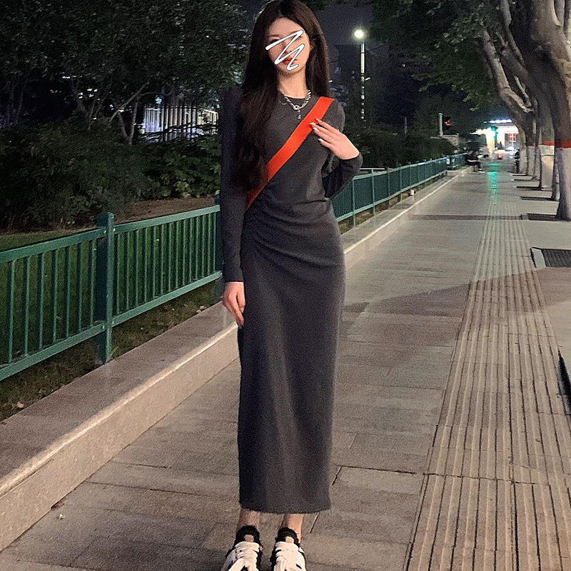 Xiaozi tall and long temperament royal sister French waist pleats casual inner bottoming t-shirt dress female