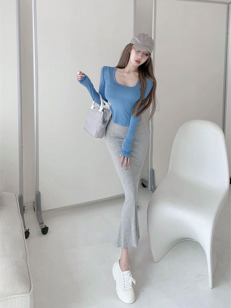 Pure desire wind suit summer Korean style royal sister sexy wind female slim slim long-sleeved T-shirt + fishtail skirt suspender skirt