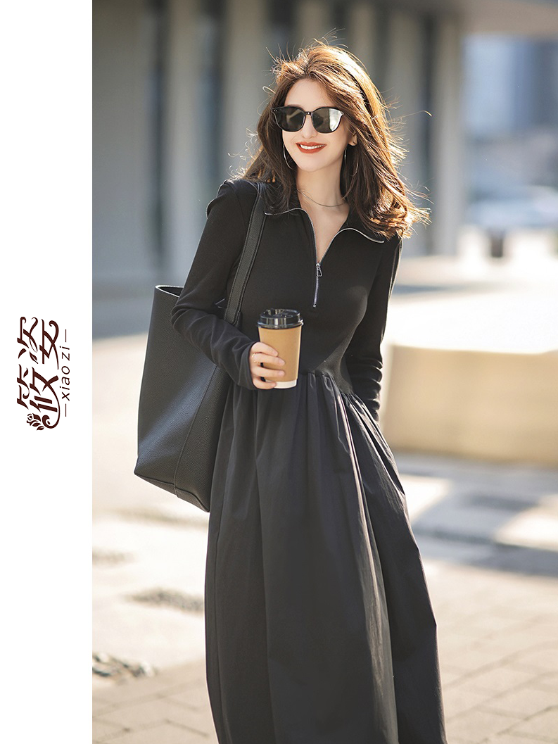 Xiaozi a bottle of magic water skirt black high-necked knitted dress spring waist bottoming skirt temperament long section looks thin