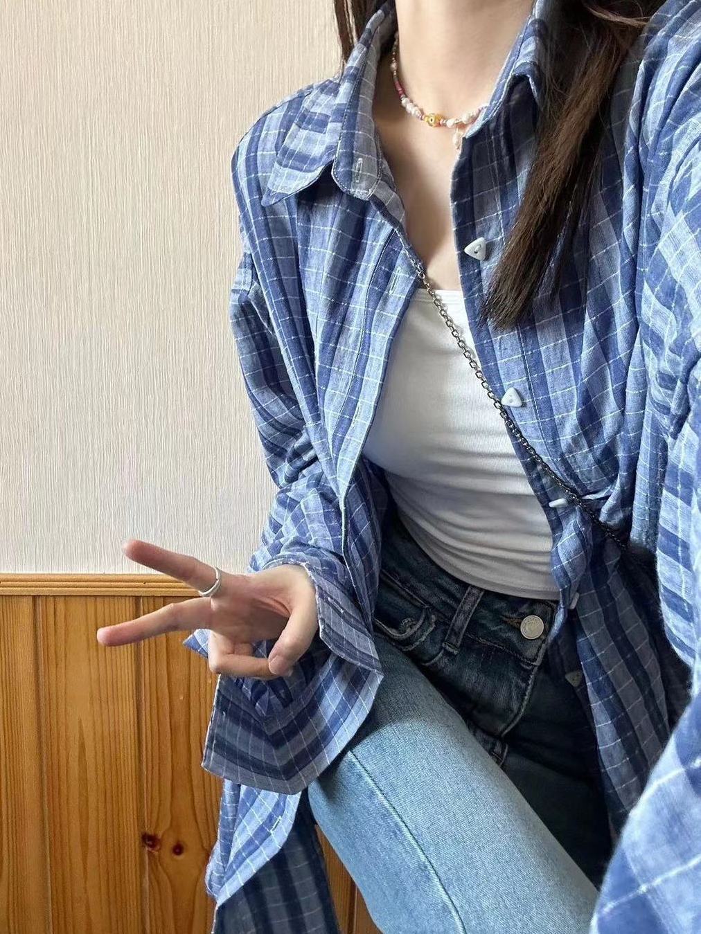 夏天薄外套防曬格子襯衫多巴胺女孩穿搭寬鬆小眾別致上衣外搭開衫