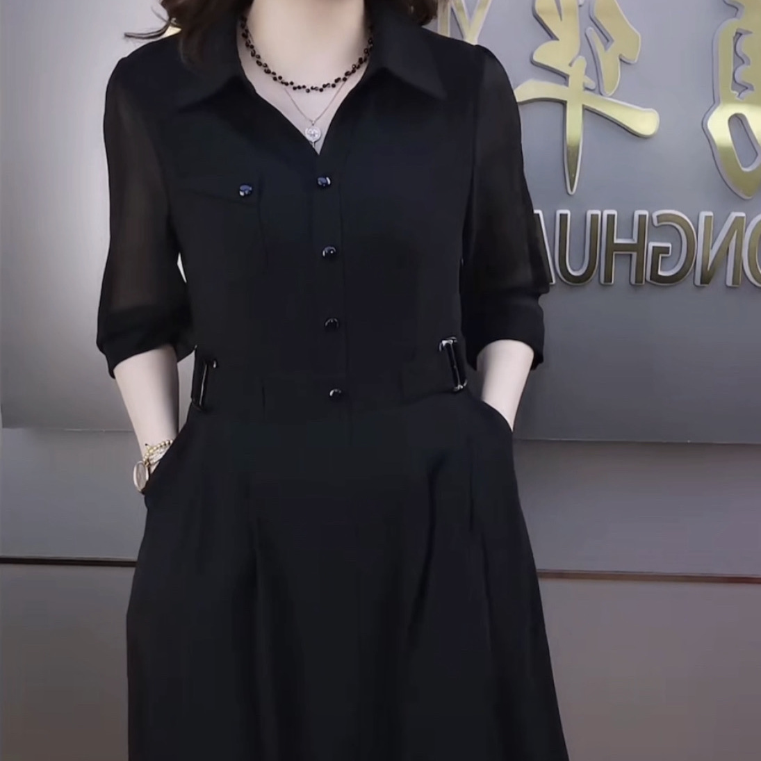 迪亞精紡連衣裙2023新款女春夏時尚七分袖高檔洋氣polo領顯瘦裙子