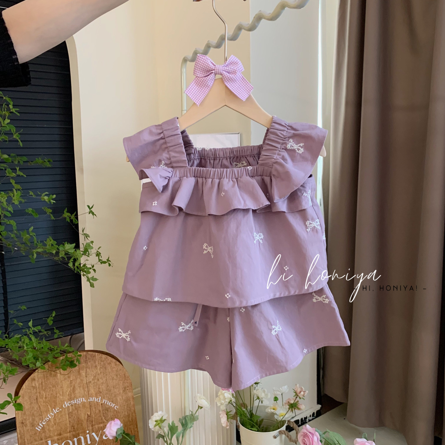 女童夏季套装2023新款韩版蝴蝶结刺绣紫罗兰无袖两件套可爱公主风
