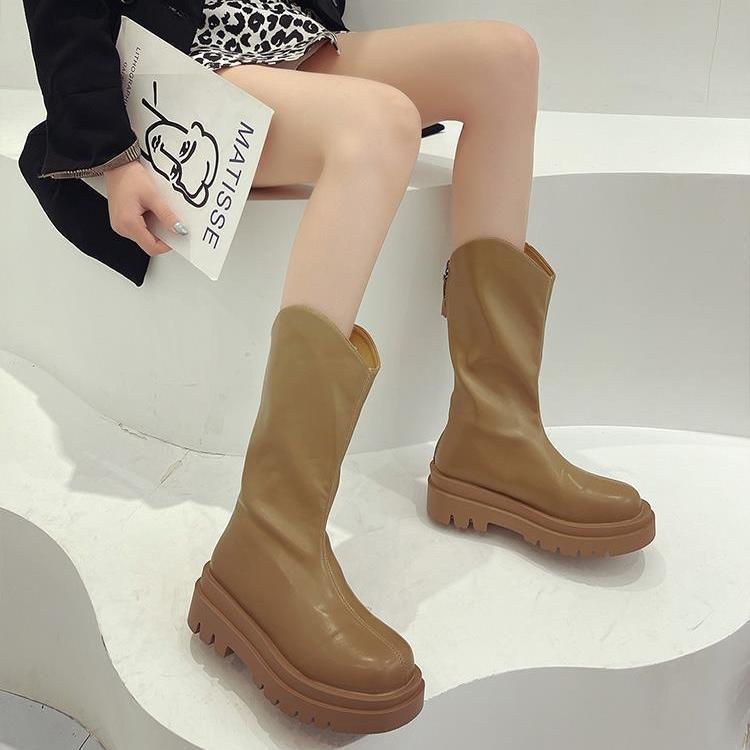 Medium short boots women's  spring and autumn new thin single boot muffin thick bottom versatile British style Martin boots bare boots
