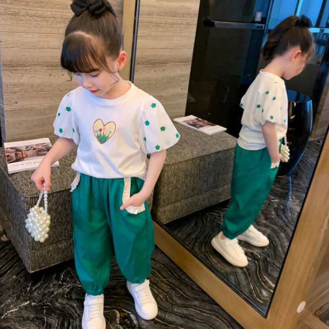 女童夏裝新款女寶寶夏季套裝洋氣網紅小童時髦泡泡袖兩件套潮兒童