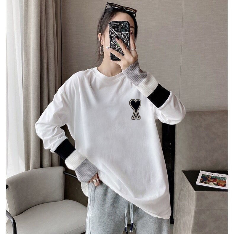 Knitted stitched sleeve cotton white T-shirt for women's new versatile Korean medium length with spring and autumn bottom coat for women