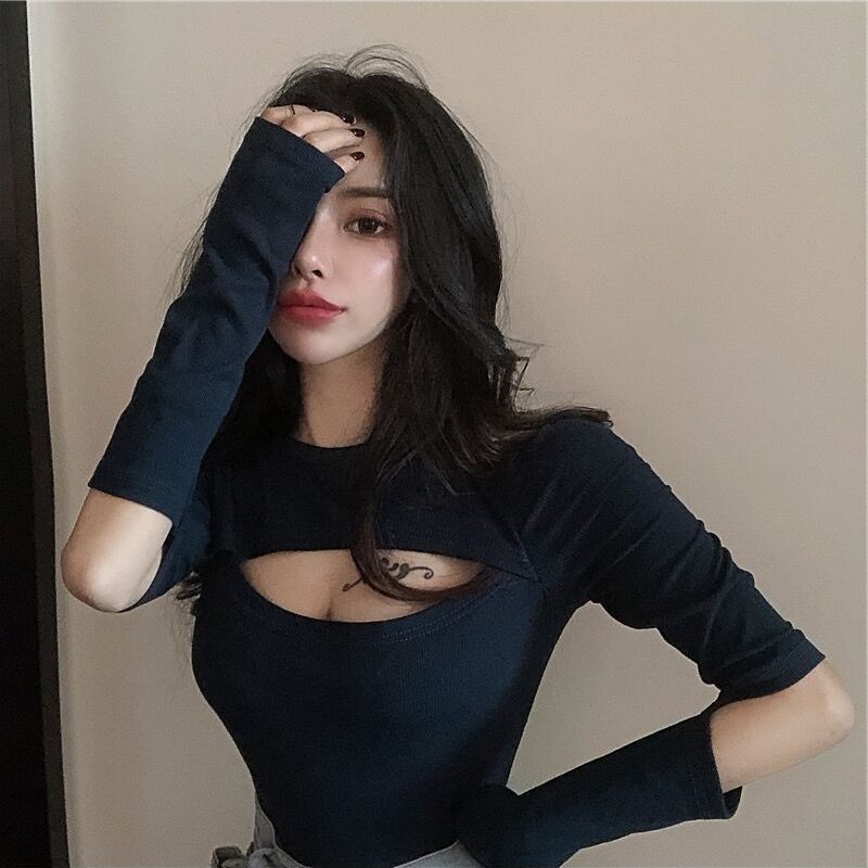 Fashion long-sleeved t-shirt women's black sexy hollow out chest show chest big tight autumn and winter inner bottoming shirt top