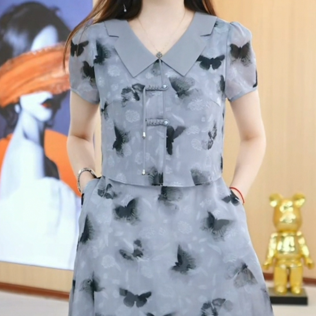 輕羽絲假兩件連衣裙2023新款女裝夏季娃娃領減齡時尚遮肚顯瘦裙子