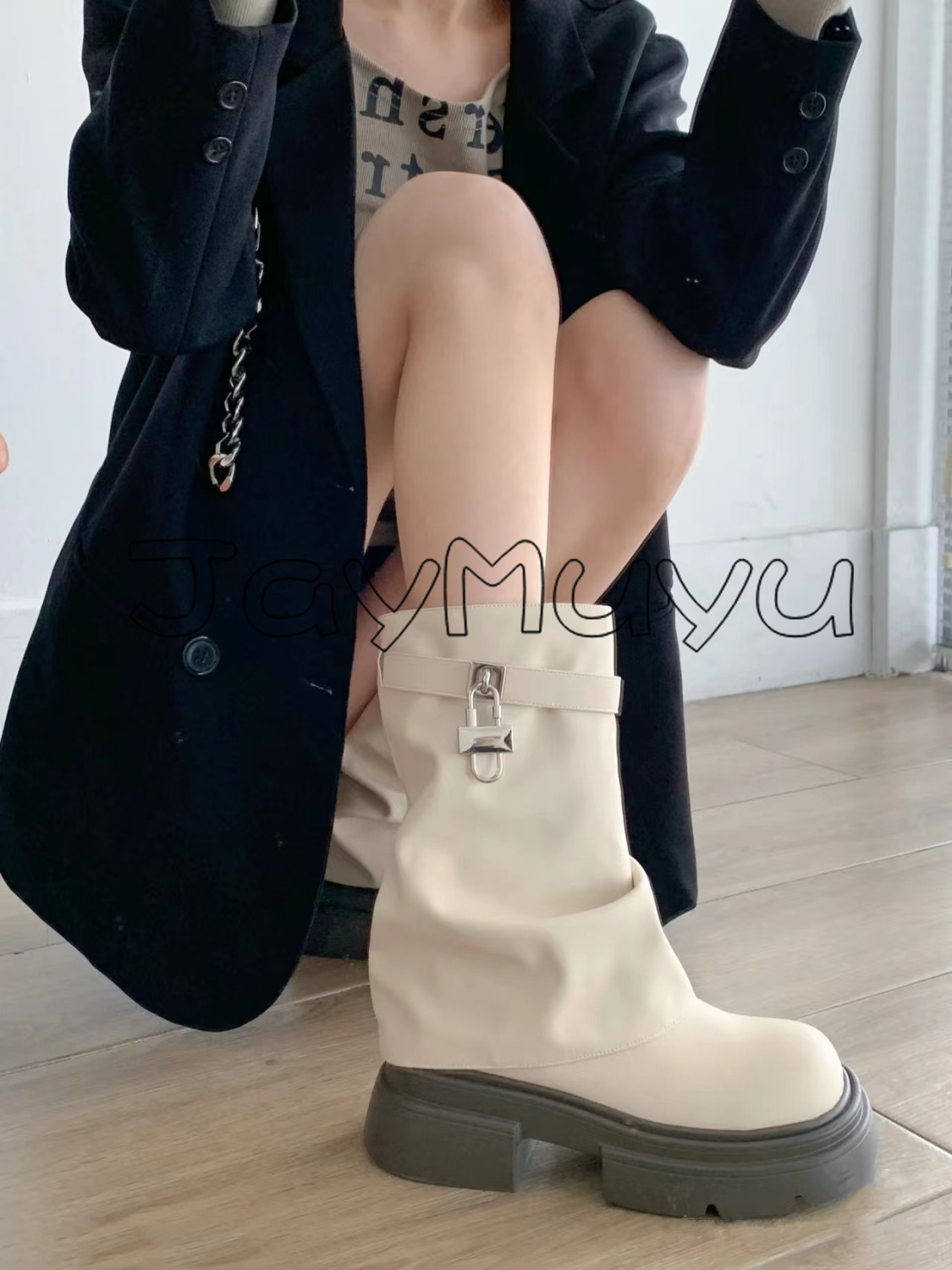 韓版松糕厚底馬丁靴女2023春秋季新款中筒馬丁靴百搭法式小短靴潮
