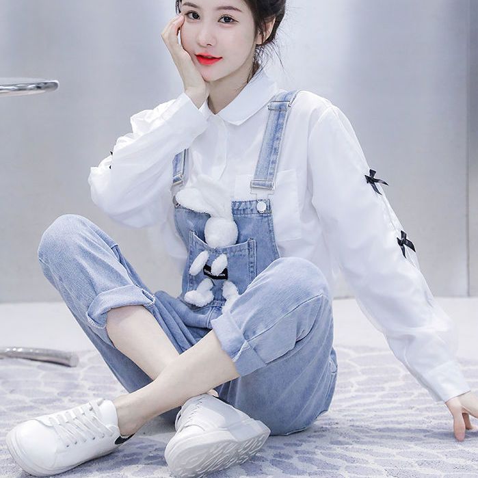 牛仔背帶褲少女秋裝2022新款初中高中學生時尚減齡襯衣女兩件套裝