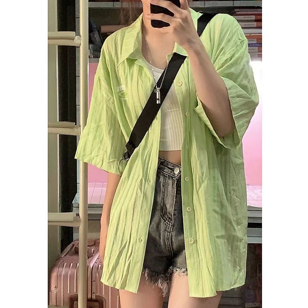 肌理條紋短袖襯衫女2022夏季新款寬鬆韓系設計感小個子薄款襯衣潮