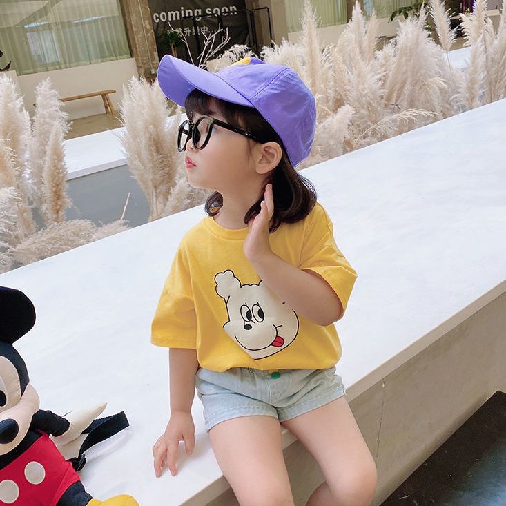 Pure cotton children's cartoon t-shirt baby short-sleeved tops children's clothing girls solid color children's Korean  summer new