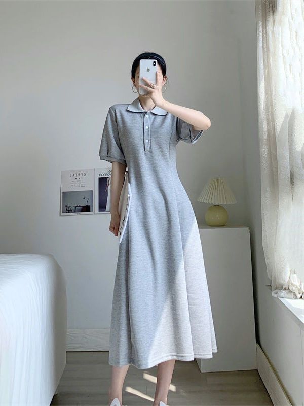 POLO collar short-sleeved dress summer  new waistline slim fashion temperament mid-length A-line skirt ins