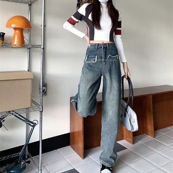 American retro jeans trousers for women spring and autumn  new loose slimming age-reducing straight wide-leg floor-length pants