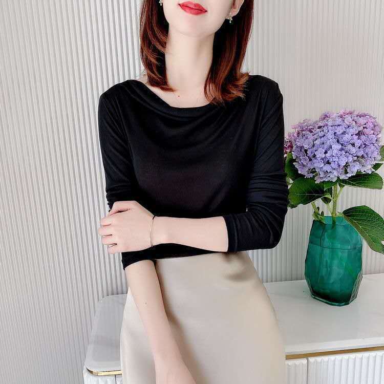 Spring and autumn new bottoming shirt foreign style piled collar long-sleeved T-shirt women's all-match solid color fashion temperament middle-aged top