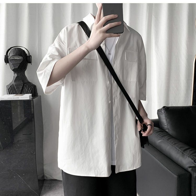 Summer shirt men's short-sleeved students Korean style trendy handsome tooling shirt Hong Kong style ruffian handsome casual all-match half sleeves