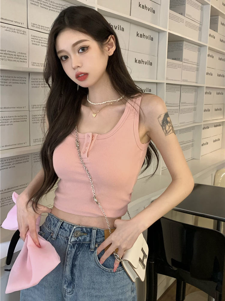 Pink Hot Girl Camisole for Women with Bottoming and Beautiful Back Summer Sweet and Spicy Style Outerwear Short U-neck Racer Top