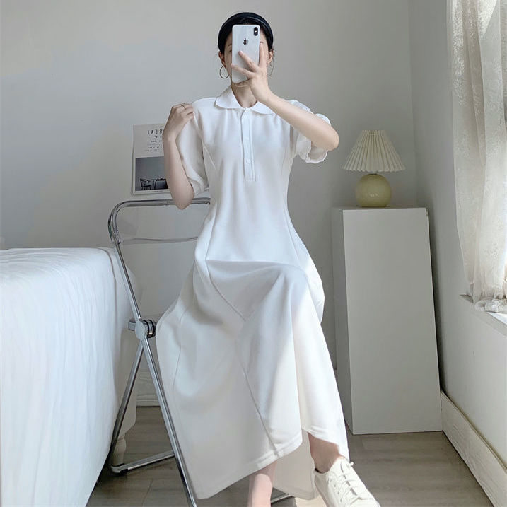 POLO collar short-sleeved dress summer  new waistline slim fashion temperament mid-length A-line skirt ins