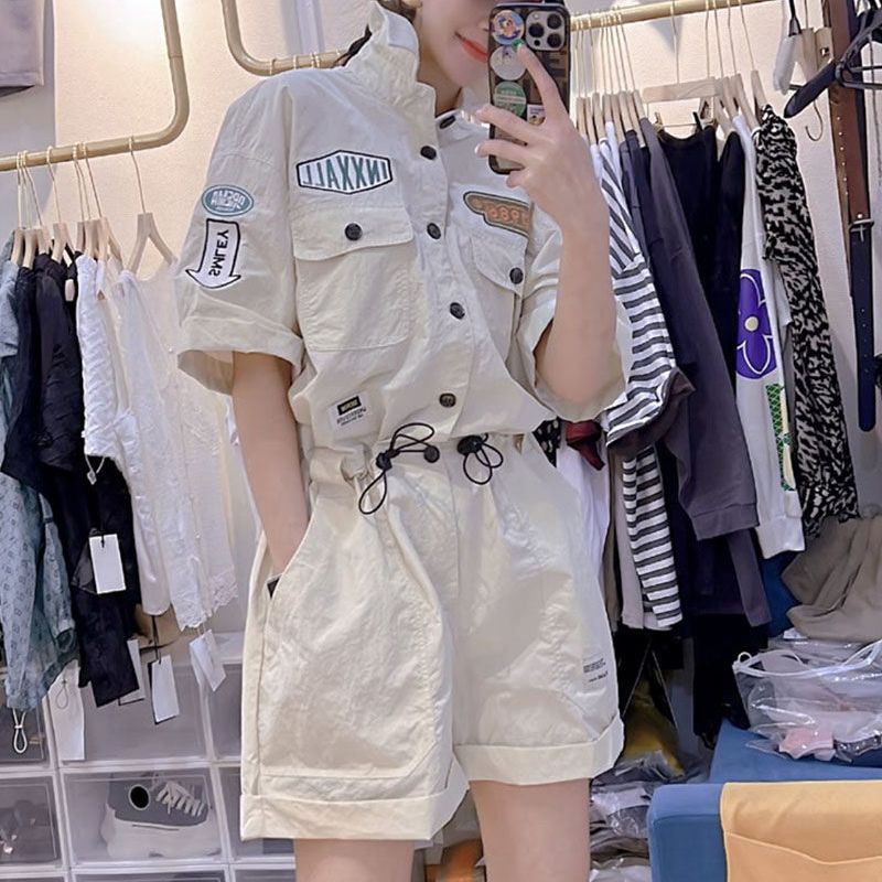 Thirteen Lines Women's Oversized Size 2-300 Jin Fat mm Summer Heavy Industry Embroidery Button POLO Collar Siamese Shorts Women